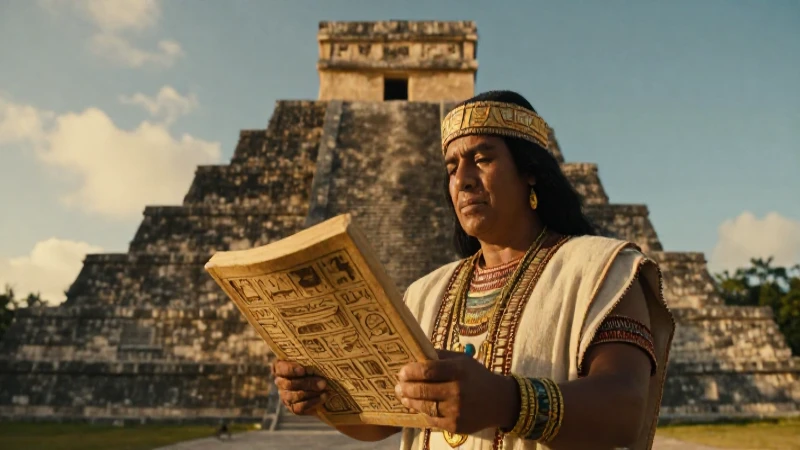 Sacerdote maya en pirámide ancestral al atardecer