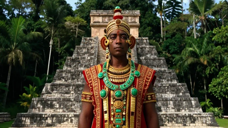 Pirámide maya, sacerdote noble en la selva