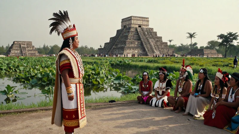 Noble Mexica y tributarios ante el templo sagrado