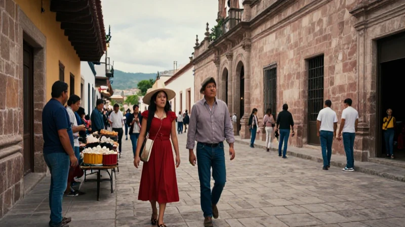 Escena calle colonial con diversidad y autenticidad