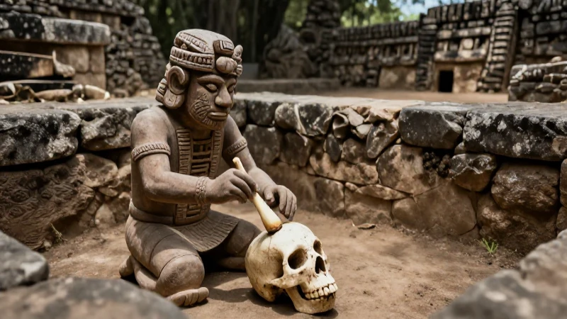 Raspadores prehispánicos: Un viaje a su antigüedad y uso 41 Ritual precolombino con cráneo en ruinas mesoamericanas