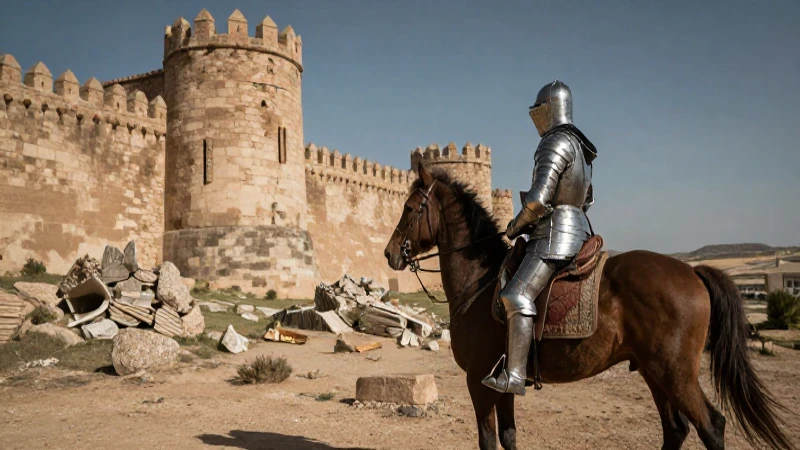 Caballero medieval ataca fortificación morisca
