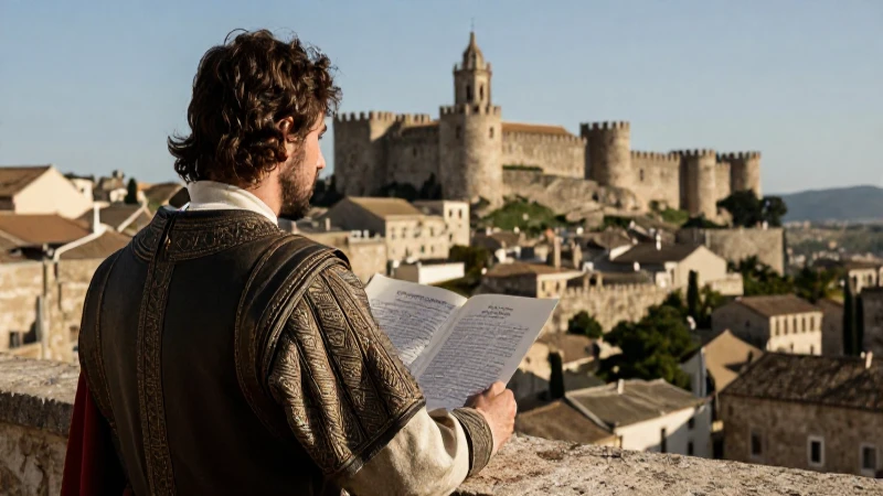 Líder medieval inspecciona ciudad fortificada bajo el sol