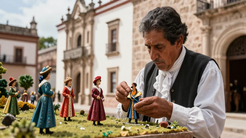 Artesano colonial monta maqueta histórica vívida
