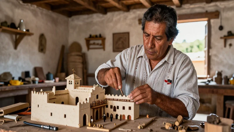 Artesano mexicano construye maqueta bajo luz cálida