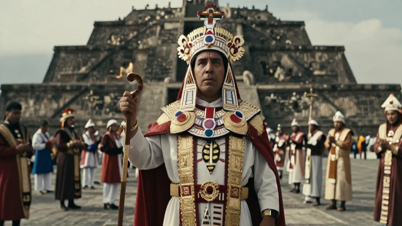 Sacerdote Mexica en Templo Mayor bajo luz dramática