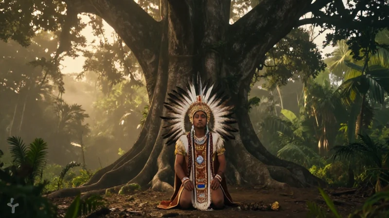 Sacerdote Mexica arrodillado ante un árbol sagrado