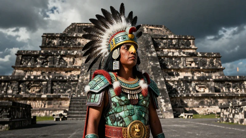 Cuáles eran las deidades, mitos y sacrificios sagrados aztecas 35 Guerrero Azteca en Templo Mayor bajo luz dramática