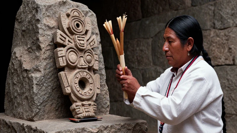 Sacerdote indígena realiza ceremonia con artefactos tradicionales