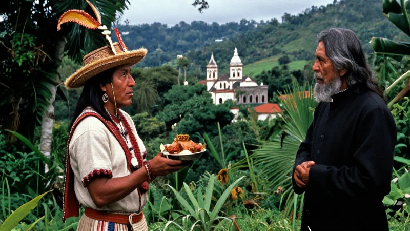 Qué creencias religiosas tenían los indígenas antiguos 29 Indígena y fraile en selva colonial ceremonial