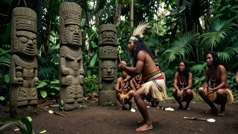 Qué creencias religiosas tenían los indígenas antiguos 32 Chamán realiza ritual entre estatuas antiguas