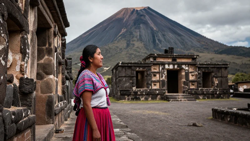 Mujer tlaxcalteca en paisaje volcánico histórico