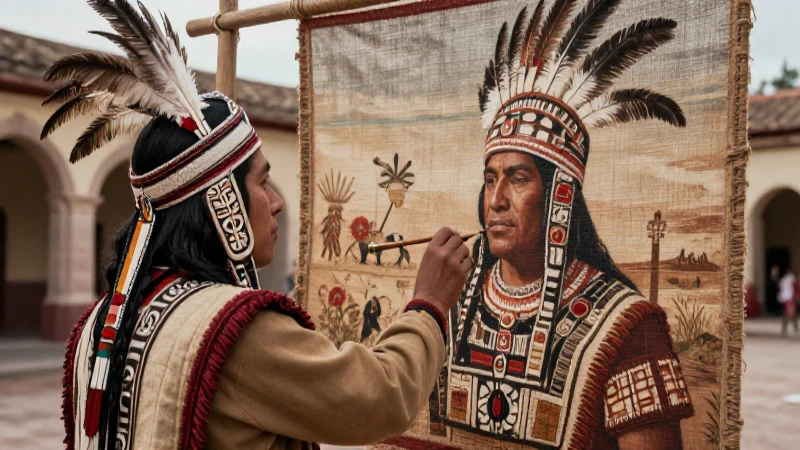 Hombre indígena observa lienzo histórico en la naturaleza