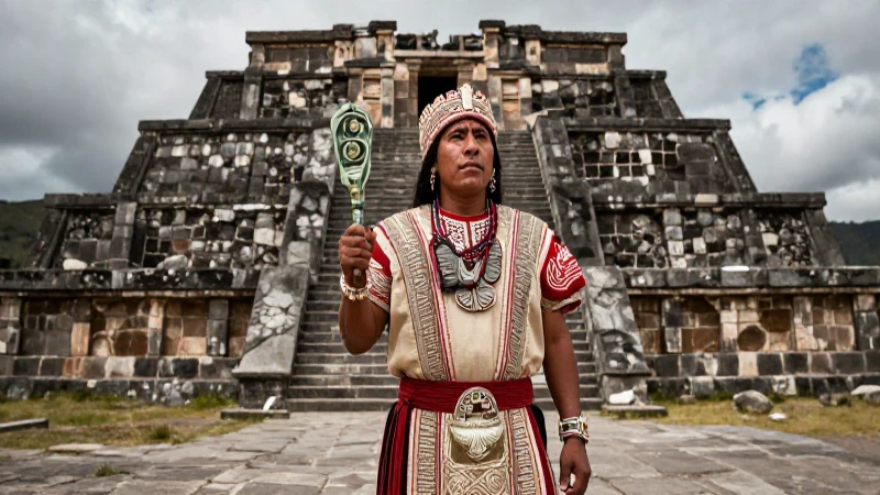 Guerrero Tlaxcalteca ante antiguas ruinas mesoamericanas