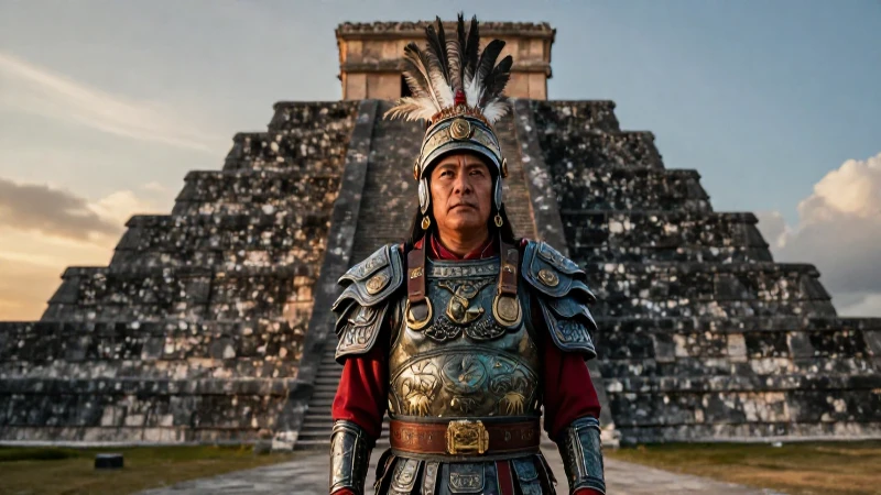 Religión de los tlaxcaltecas: Camaxtli, el dios supremo 24 Guerrero tlaxcalteca en armadura ante ruinas al amanecer