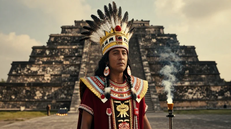 Cuáles son los 2000 dioses de los mexicas y su cosmovisión 53 Sacerdote Mexica ante Templo Mayor en atardecer