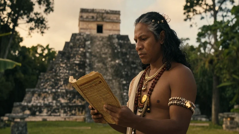 El Popol Vuh: Explorando el Libro Sagrado de los Mayas 51 Sacerdote maya leyendo Popol Vuh en selva