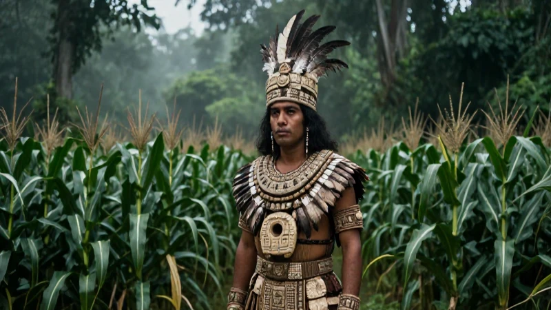 El Popol Vuh: Explorando el Libro Sagrado de los Mayas 48 Sacerdote maya con penacho en el campo