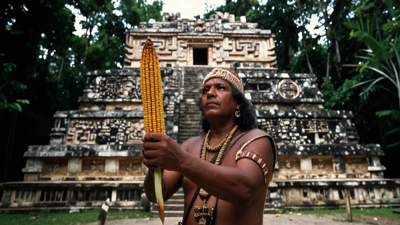 El Popol Vuh: Explorando el Libro Sagrado de los Mayas 49 Sacerdote maya en templo selvático dramático