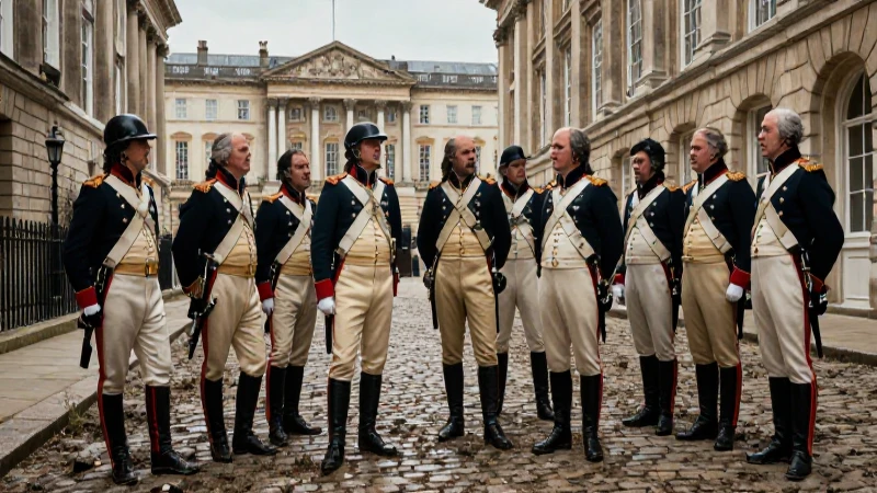 Oficiales británicos de 1688 en Londres con barro y dramatismo