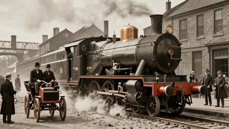 Locomotora y coche pionero en calle industrial victoriana