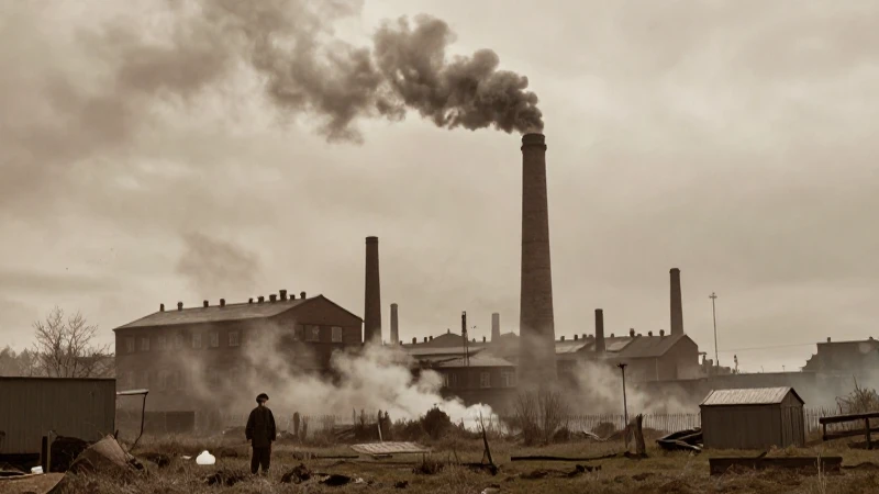Fábrica victoriana con trabajador en smog industrial