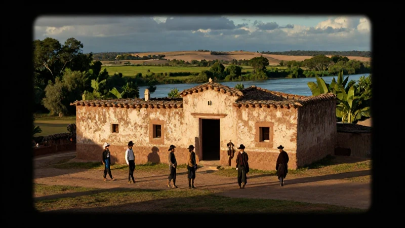 Gauchos en hacienda colonial, luz dorada