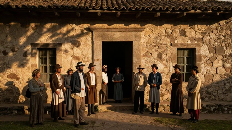 Pioneros vestían trajes antiguos frente a una hacienda colonial