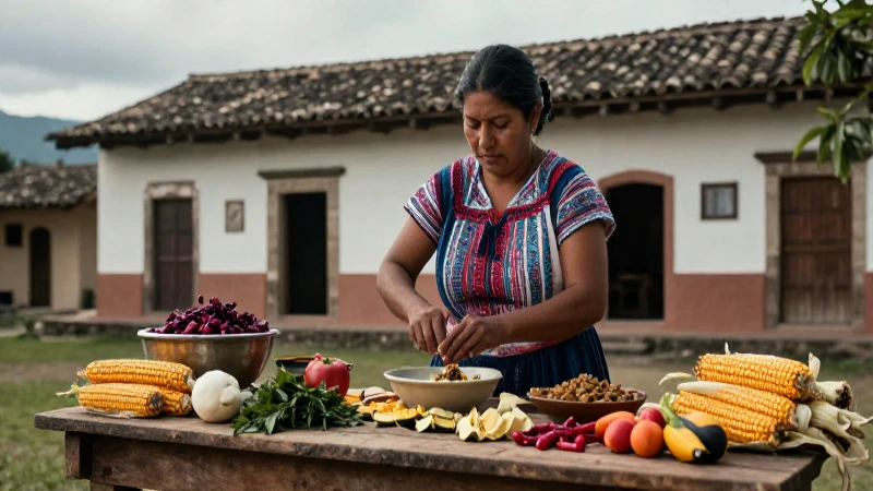 Mujer local preparando cocina en arquitectura colonial