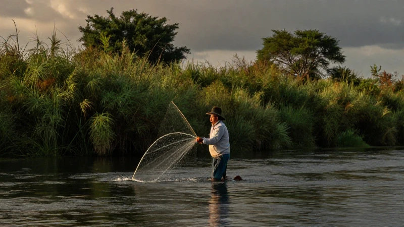 Río Lerma: Importancia y Función del Cárcamo del Río Lerma 158 Pescador mexicano en un paisaje ribereño dramático