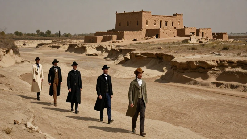 Viajeros elegantes en paisaje histórico dramático