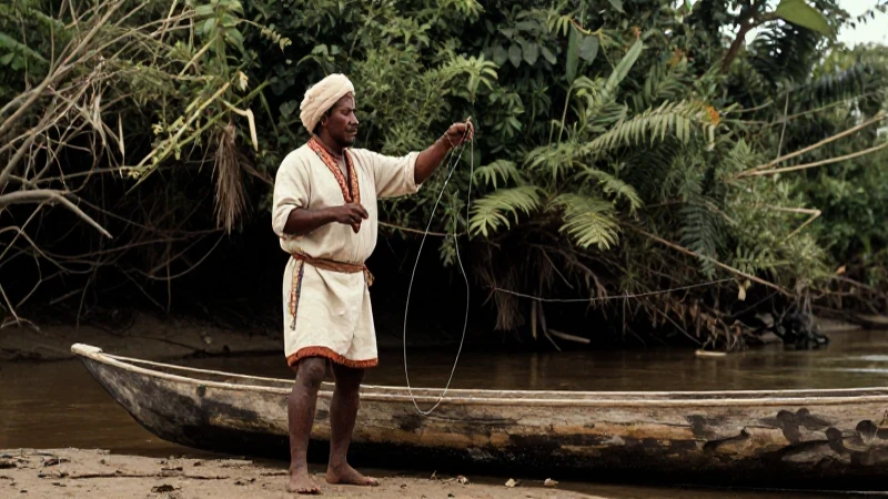 Hombre indígena pescando en canoa histórica