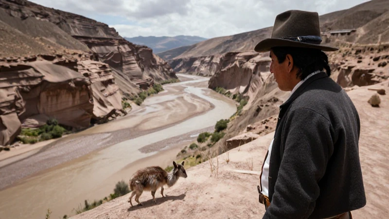 Hombre andino observa fauna en el desierto