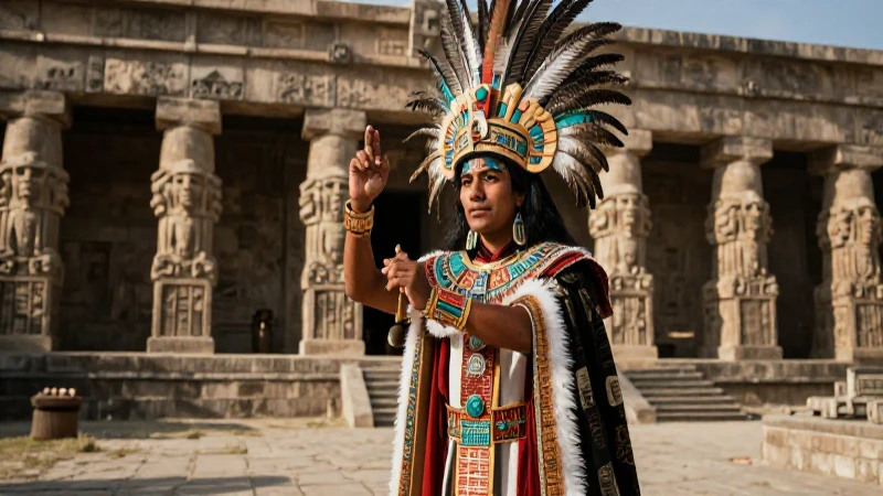 Sacerdote azteca en ritual en templo antiguo