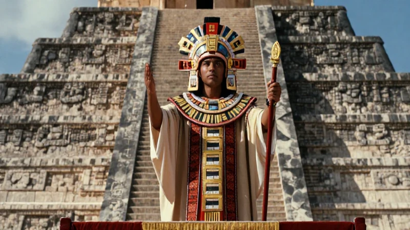 Sacerdote azteca en rito solemne ante pirámide