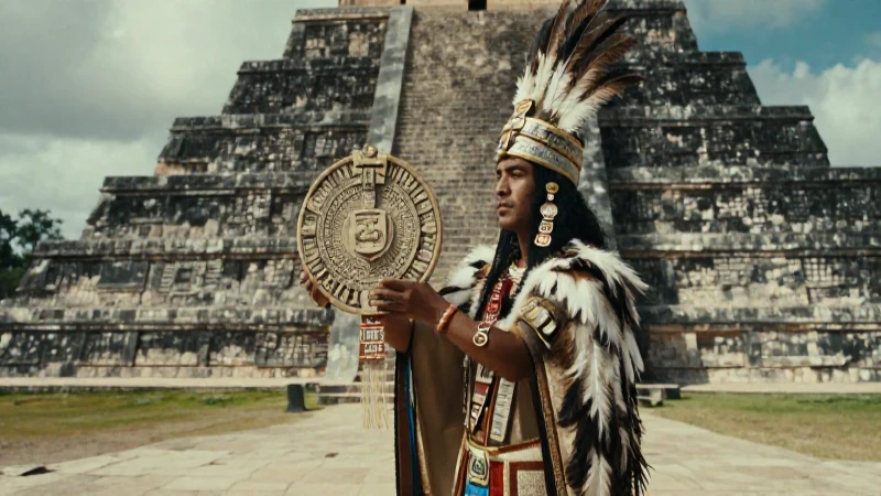Sacerdote mesoamericano realiza ritual en pirámide ancestral