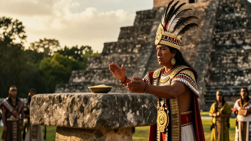 Sacerdote mexica ofrece un ritual en un altar antiguo