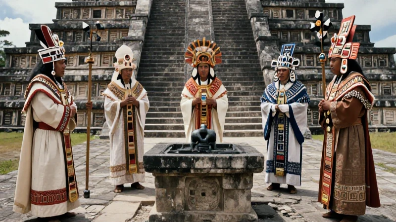 Sacerdote en altar prehispánico bajo luz dramática