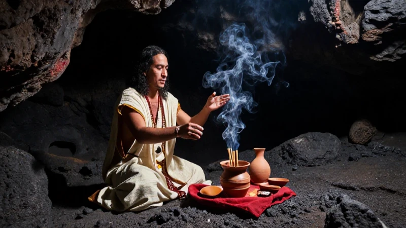 Sacerdote ritual en cueva volcánica