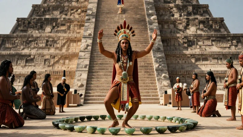 Sacerdote azteca danza ante pirámide ceremonial