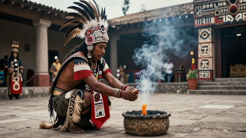 Sacerdote mesoamericano ofrece una ofrenda sagrada