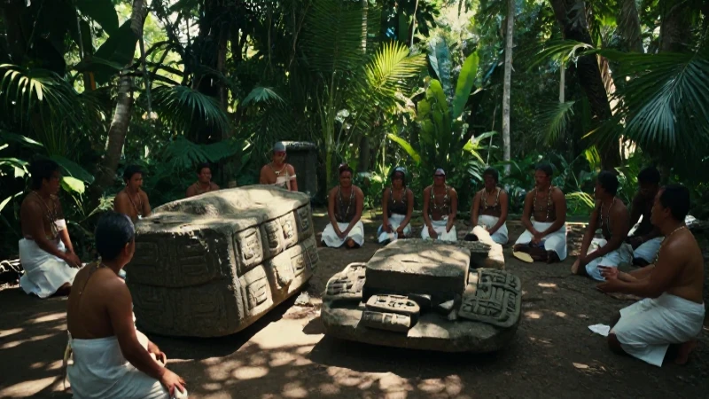 Olmecas enterramiento ritual en jungla con arte colosal
