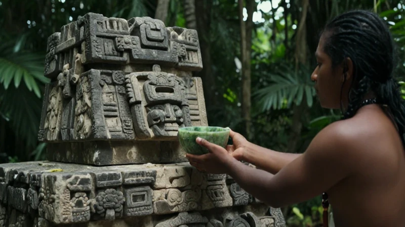 Ritual olmeca con jade y cerámica en altar