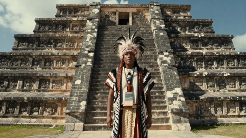 Sacerdote ante pirámide Mesoamericana antigua