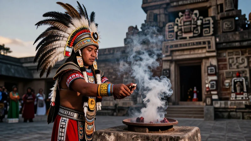 Sacerdote mexica purifica en ritual ceremonial
