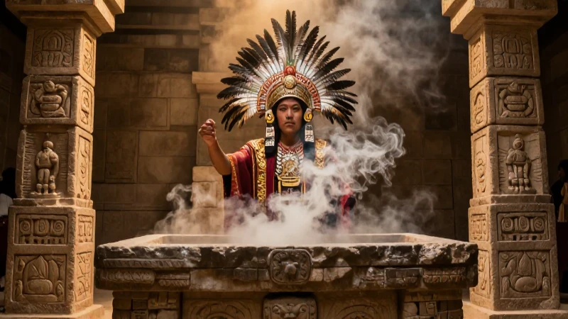 Sacerdote mexica en templo azteca ritual