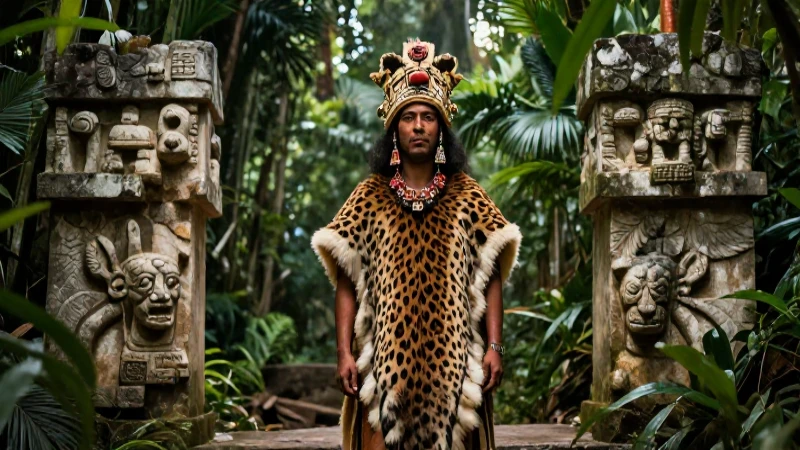 Sacerdote olmeca en selva con piel de jaguar