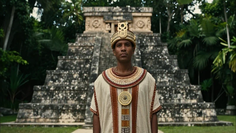 Sacerdote olmeca frente a pirámide de basalto