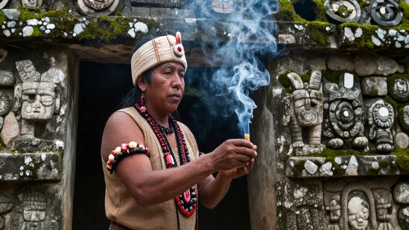 Sahumador en ritual entre ruinas antiguas
