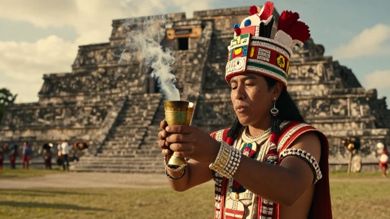 Sahumador ritual en ruinas mesoamericanas al atardecer